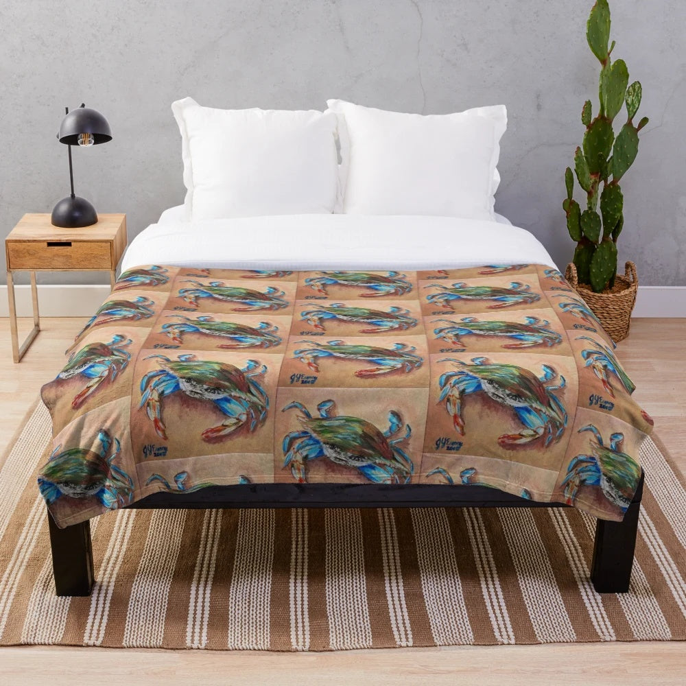 Blue crab plush blanket for cozy coastal home decor