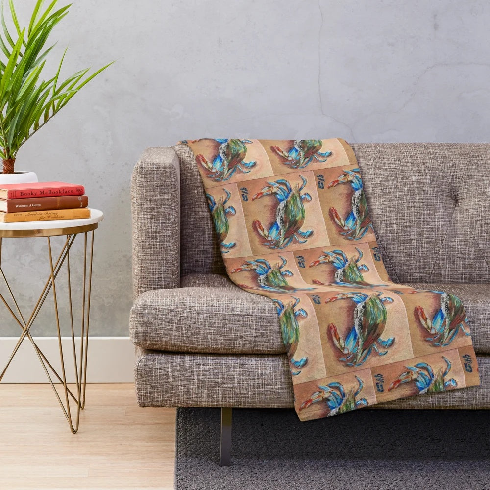 Blue crab plush blanket for cozy coastal home decor