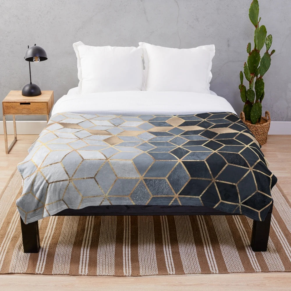 Soft blue gradient cubes plush blanket with abstract geometric design