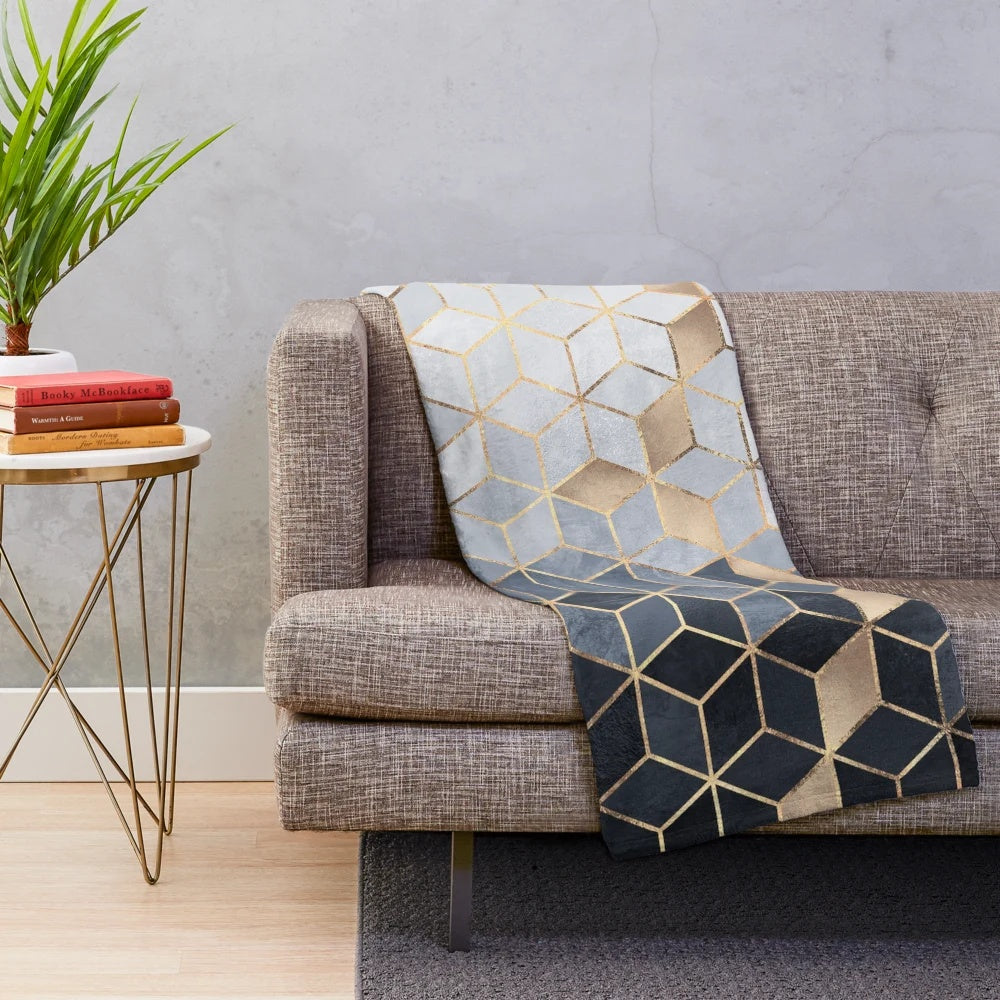 Soft blue gradient cubes plush blanket with abstract geometric design