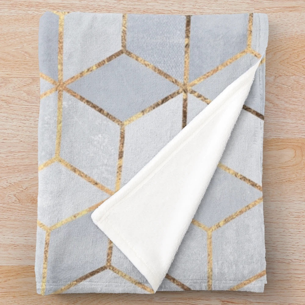 Soft blue gradient cubes plush blanket with abstract geometric design