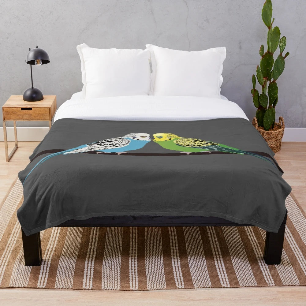 Blue parakeet plush blanket with cute bird design