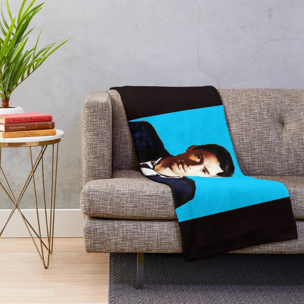 Blue plush blanket featuring a vintage-inspired Gregory Peck design