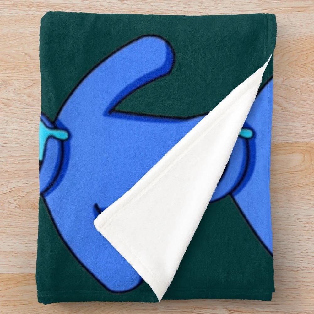 A soft, blue plush blanket with a rainbow design, perfect for Roblox fans.
