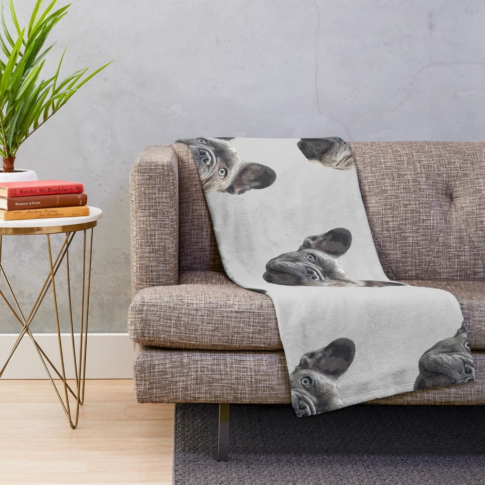 Soft and cuddly blue plush blanket featuring a French bulldog puppy design