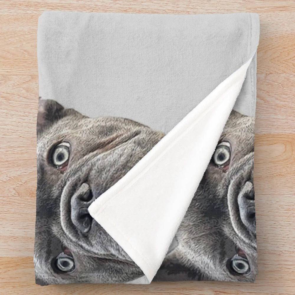 Soft and cuddly blue plush blanket featuring a French bulldog puppy design
