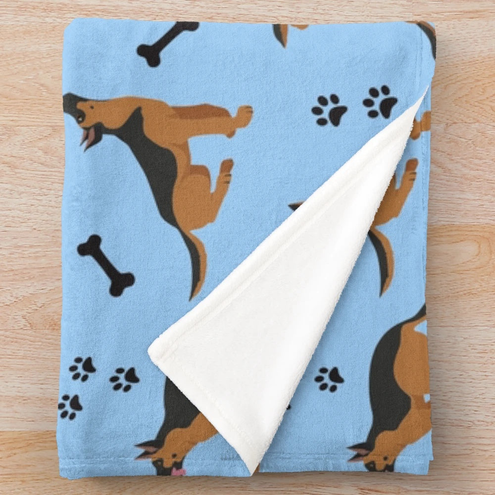 Blue plush blanket with a German Shepherd print design