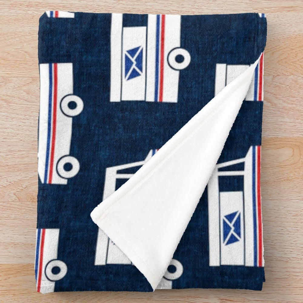 Blue plush blanket with mail truck and mail service design
