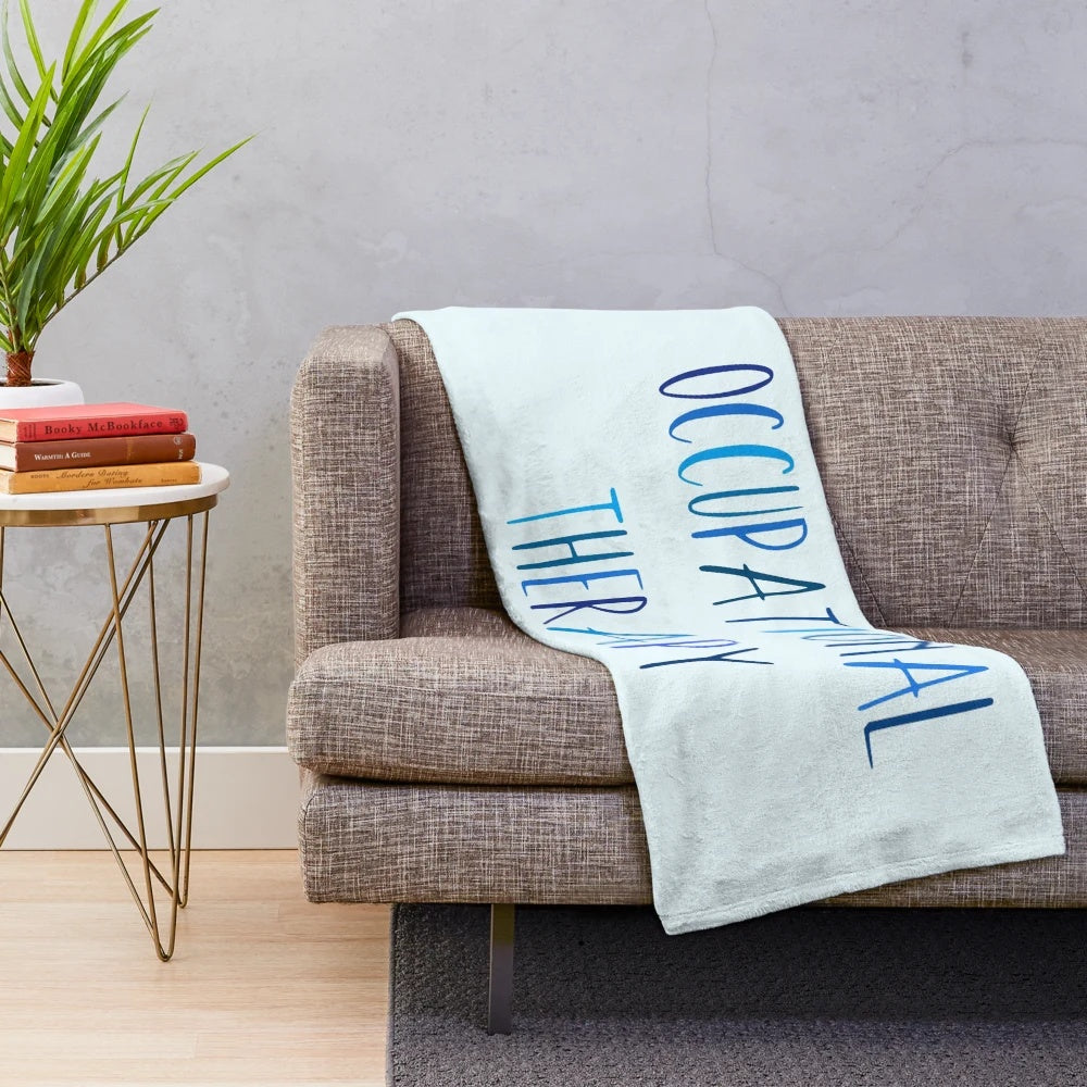 Blue plush occupational therapy themed blanket
