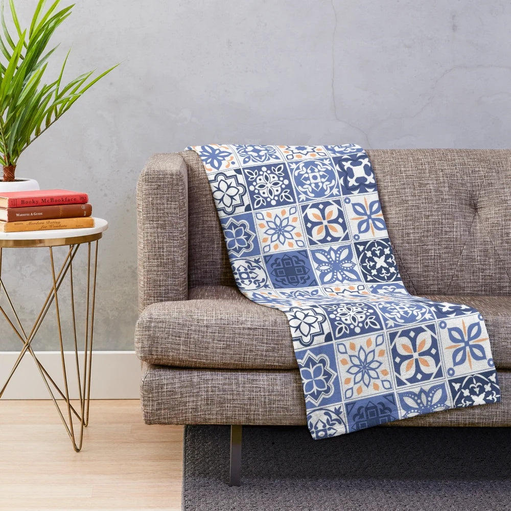 Blue Portuguese tile pattern plush blanket