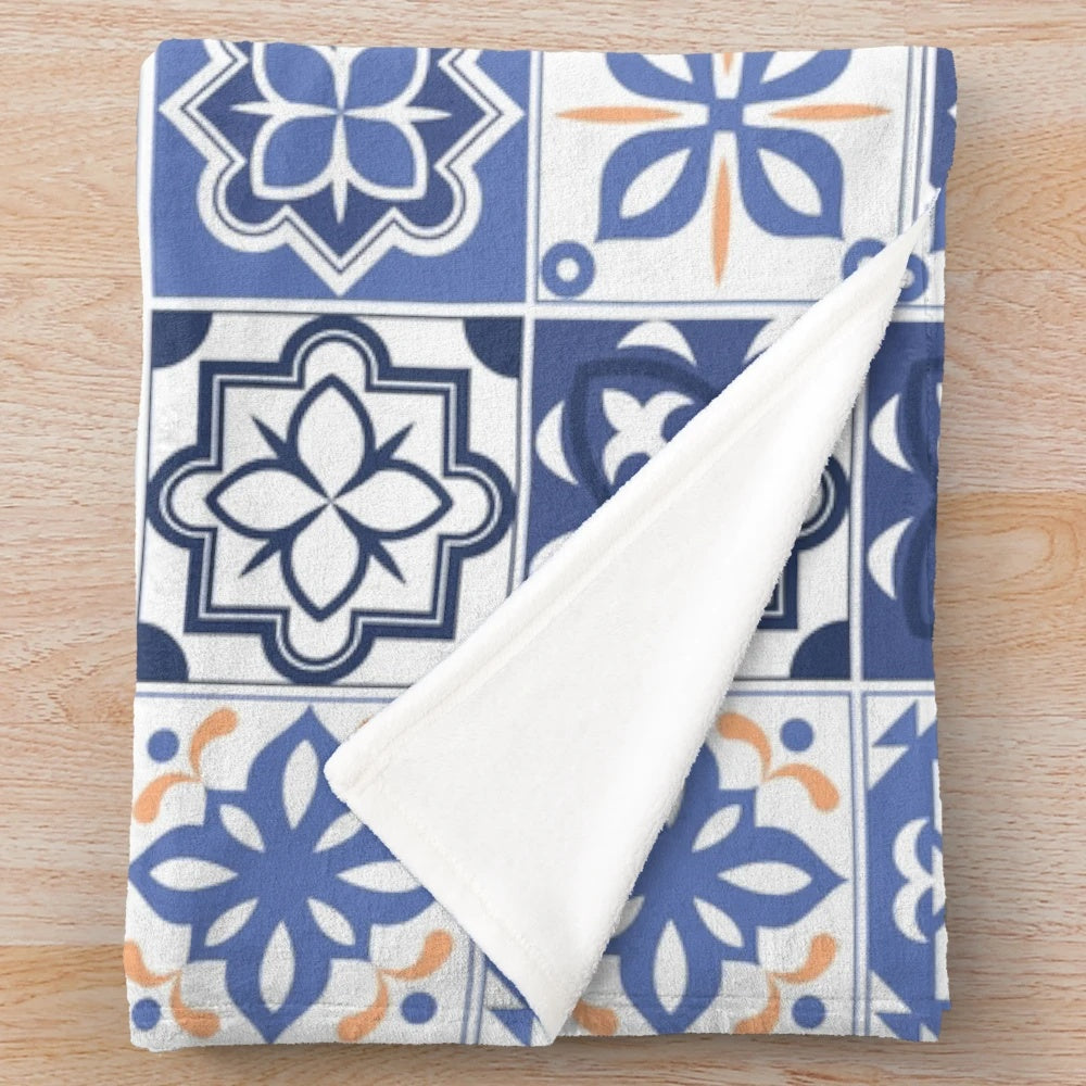 Blue Portuguese tile pattern plush blanket