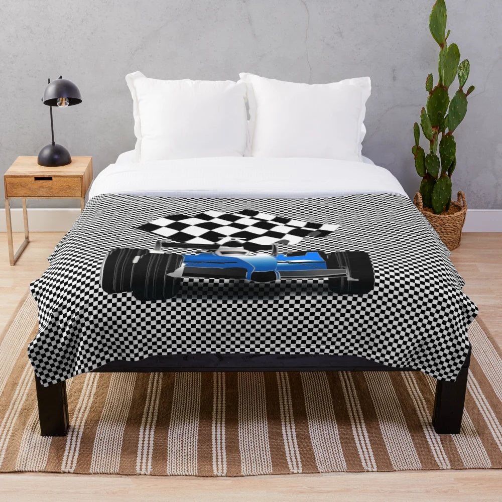 Blue race car plush blanket with checkered flag design