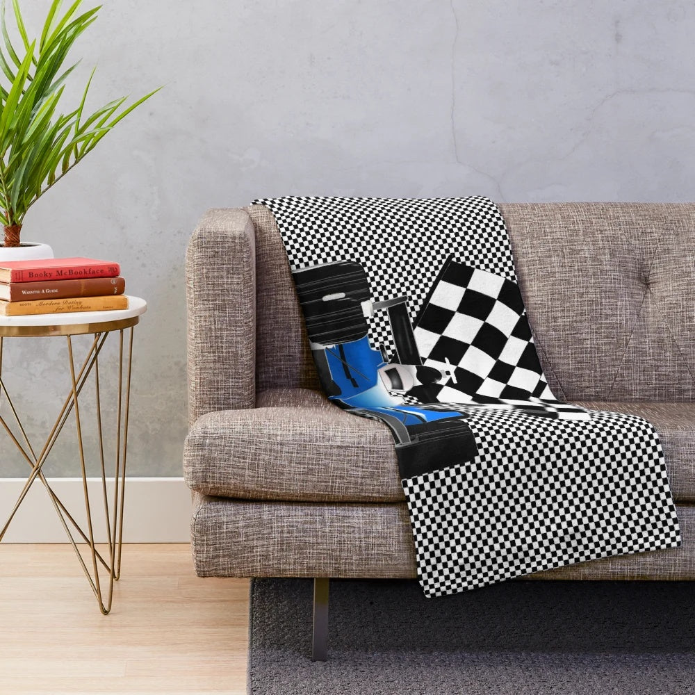 Blue race car plush blanket with checkered flag design