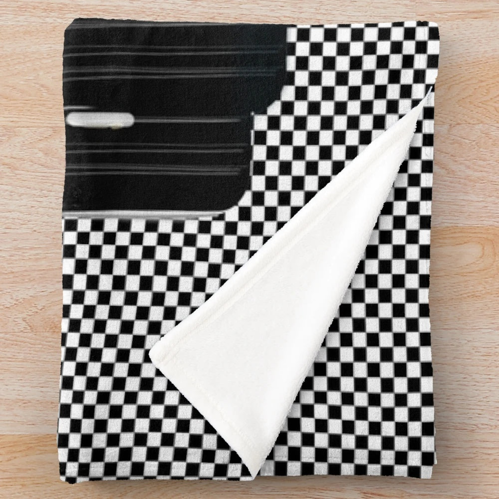 Blue race car plush blanket with checkered flag design