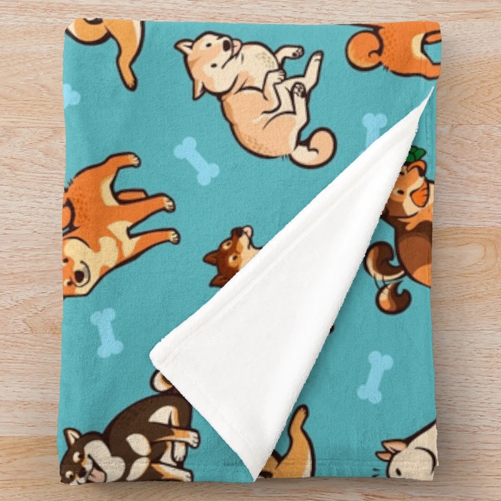 Plush blue blanket with cute shiba inu dog pattern
