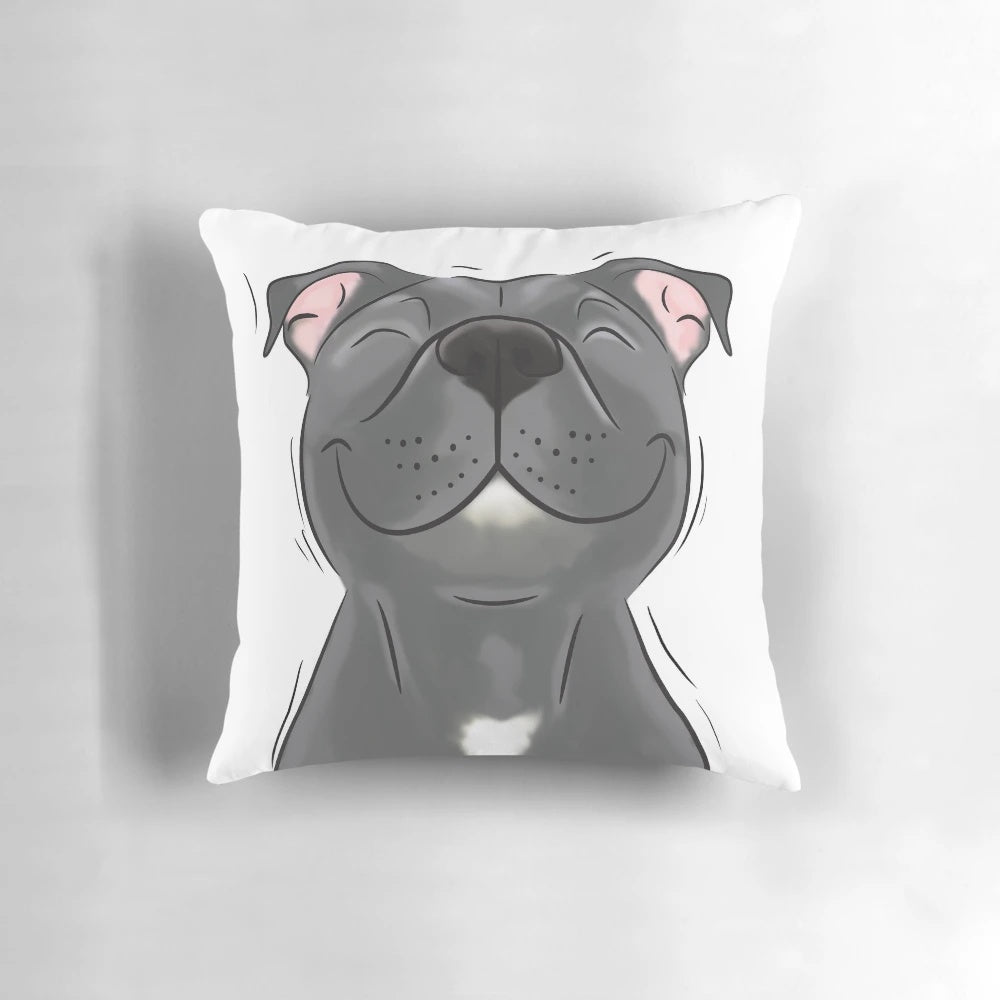 Soft, blue Staffordshire Bull Terrier dog pillow with a smiling face