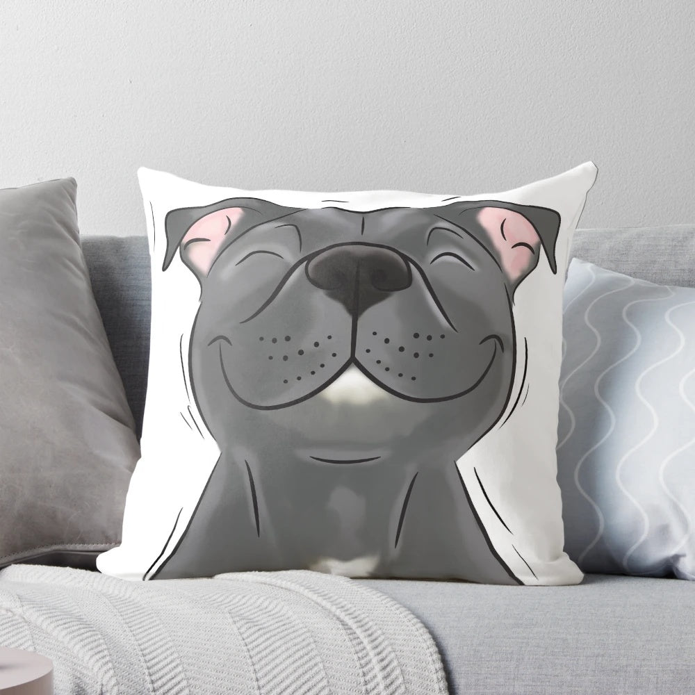 Soft, blue Staffordshire Bull Terrier dog pillow with a smiling face