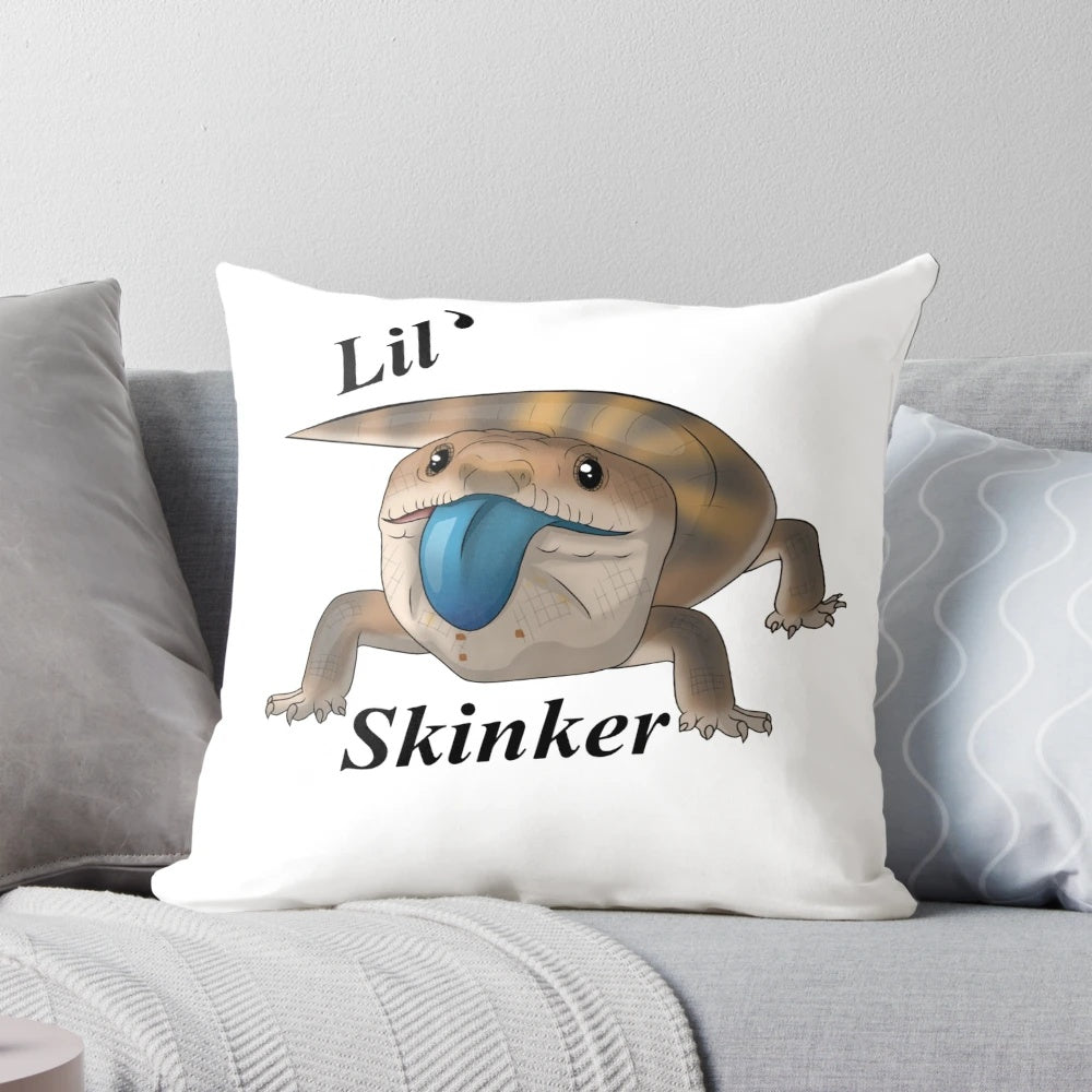 A decorative throw pillow featuring a playful blue tongue skink design, perfect for adding a touch of nature-inspired style to your home.