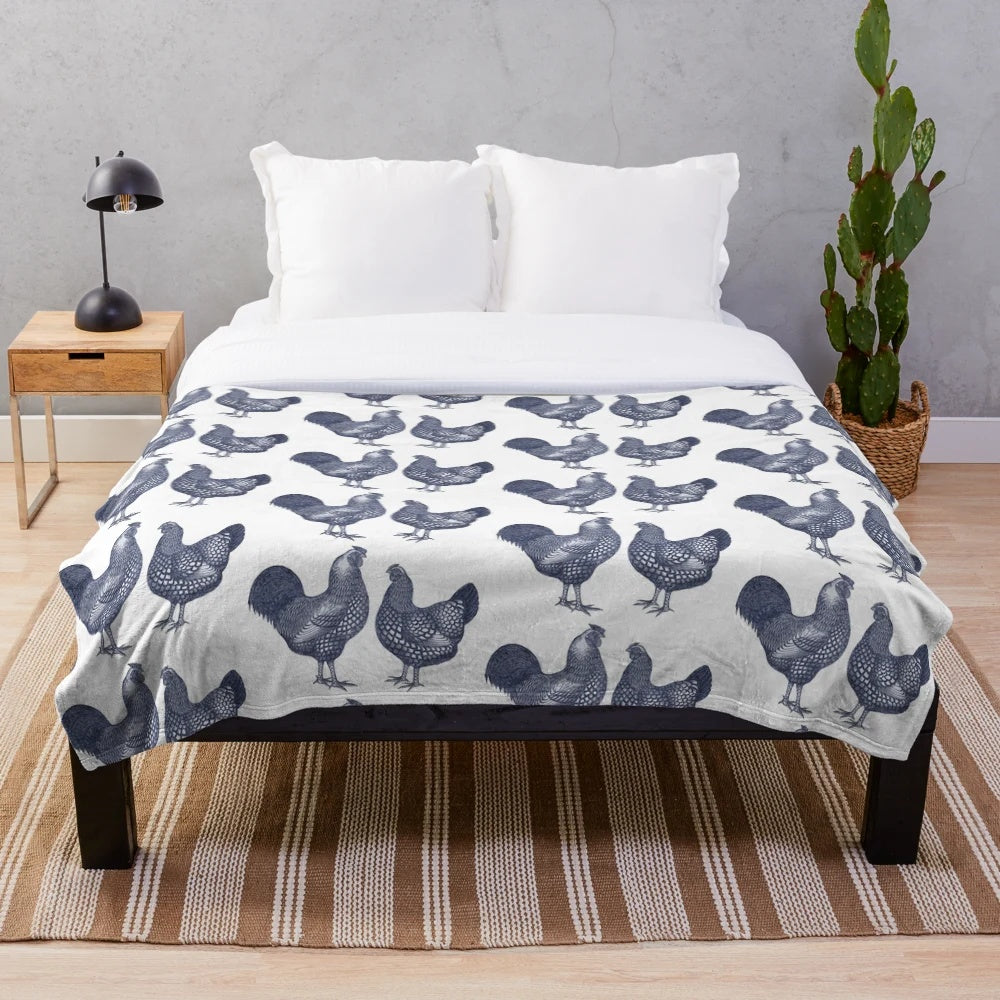 Blue Wyandotte Chickens Plush Blanket featuring a hen and rooster design