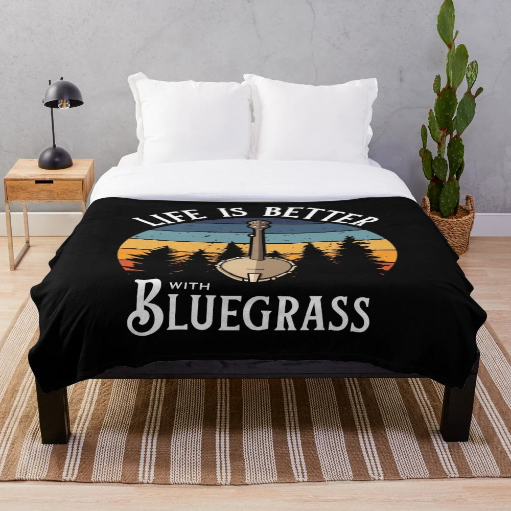Bluegrass plush blanket with banjo, guitar, and other acoustic instruments