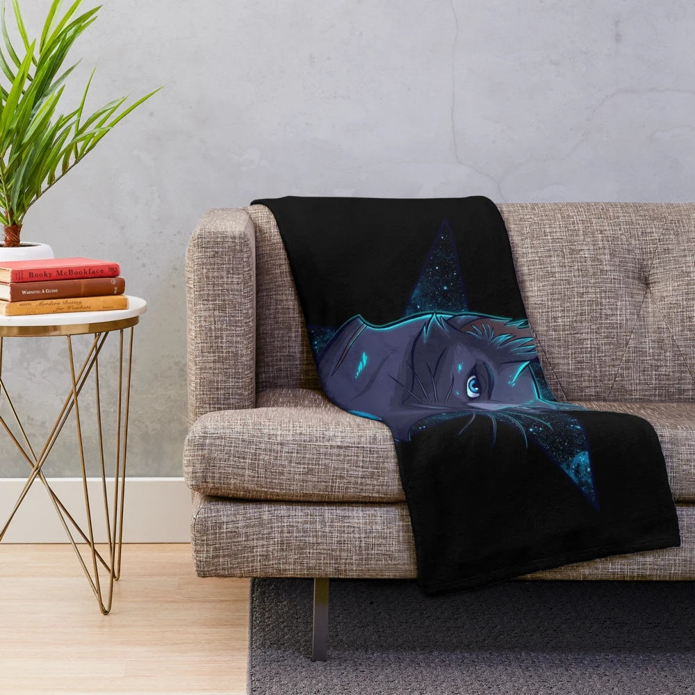 Bluestar inspired plush blanket with soft, blue-grey cat design