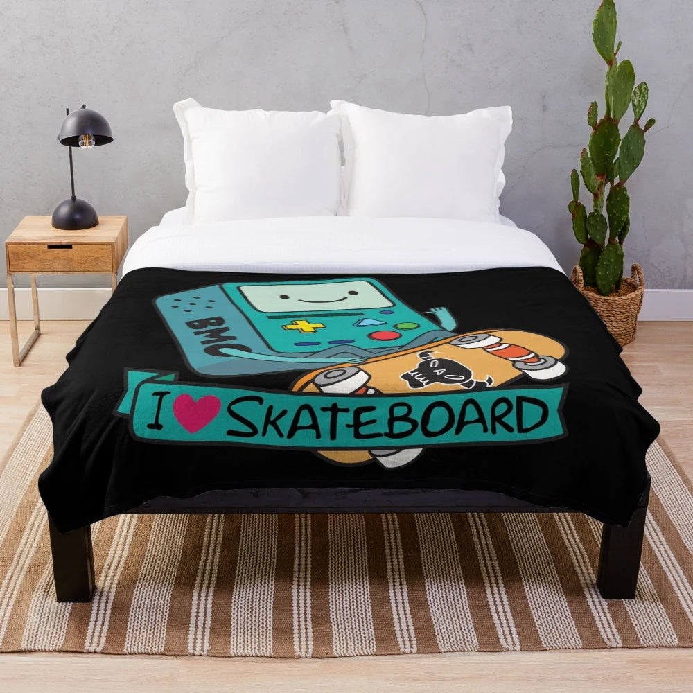 BMO skateboard plush blanket with cartoon design