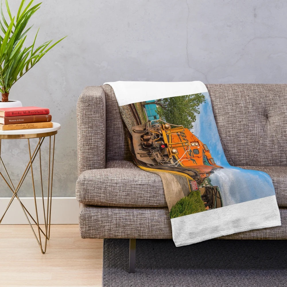 BNSF locomotive-themed plush blanket