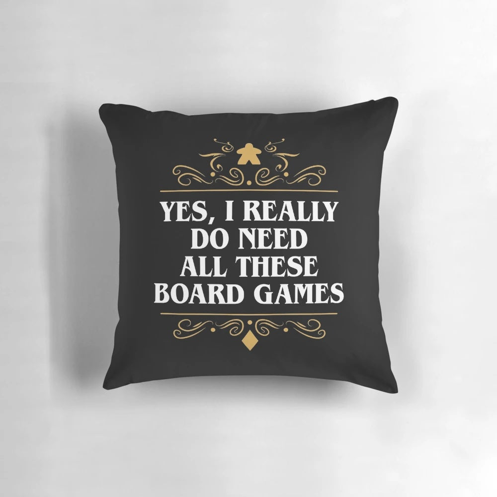 A plush throw pillow featuring various board game components and designs, perfect for game enthusiasts and nerdy home decor.