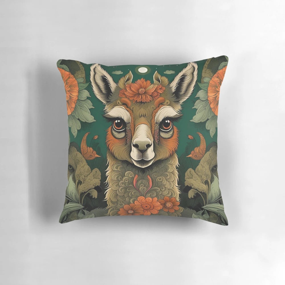 Bohemian-style alpaca or llama pillow with floral and moon design, a nature-inspired home accent.