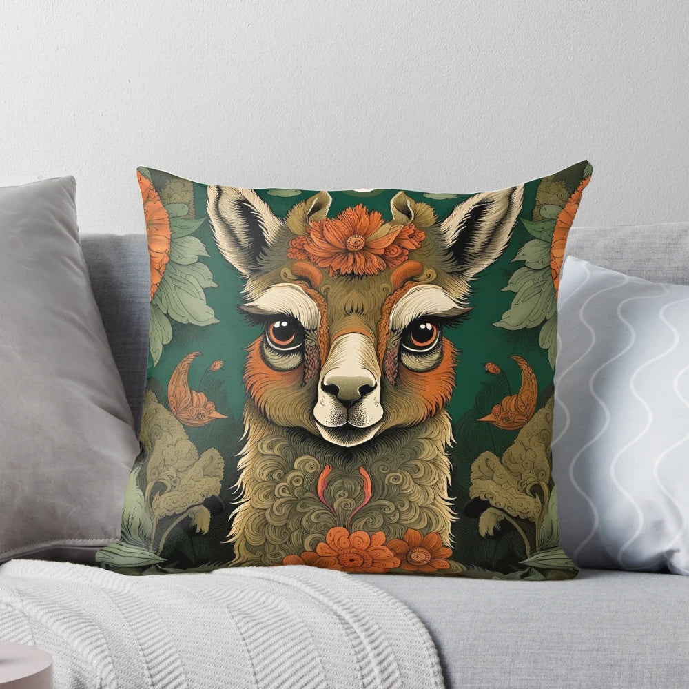 Bohemian-style alpaca or llama pillow with floral and moon design, a nature-inspired home accent.