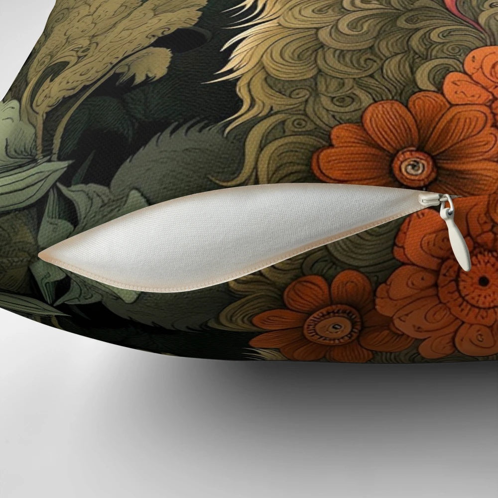 Bohemian-style alpaca or llama pillow with floral and moon design, a nature-inspired home accent.