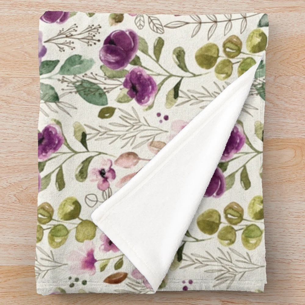 Boho floral plush blanket with watercolor flower design
