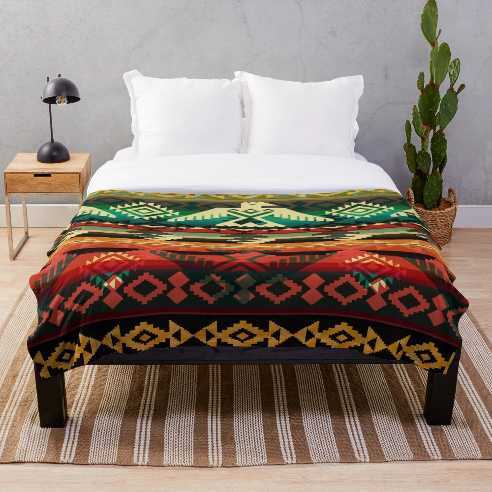 Native American inspired plush blanket with geometric tribal patterns
