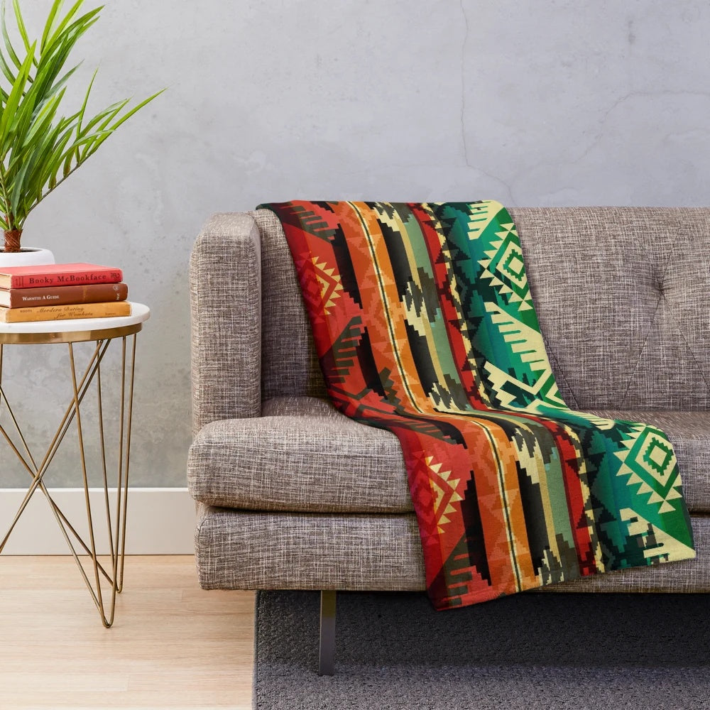 Native American inspired plush blanket with geometric tribal patterns