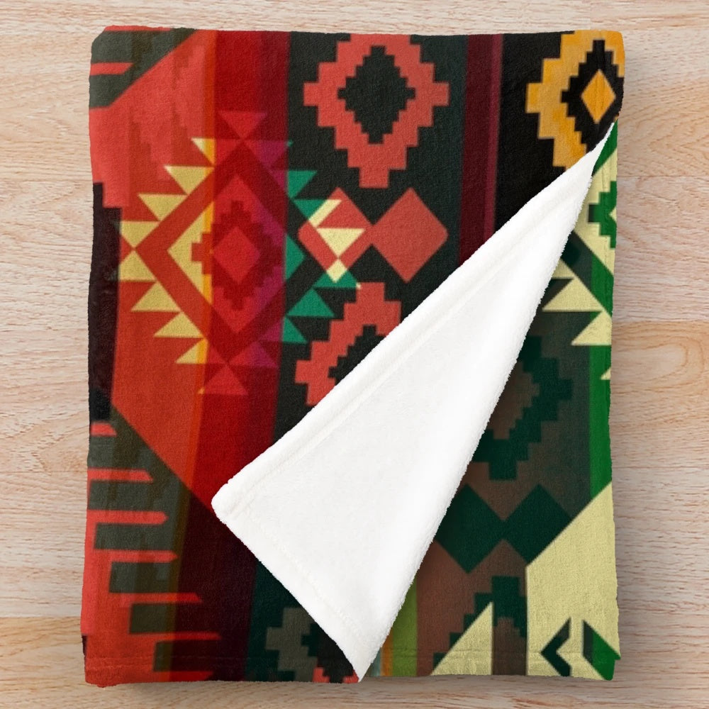 Native American inspired plush blanket with geometric tribal patterns