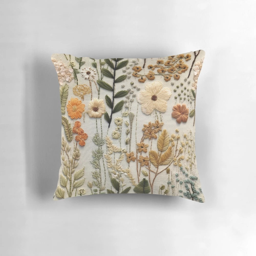 Boho-inspired faux embroidered pillow featuring muted color wildflowers in an autumn palette.