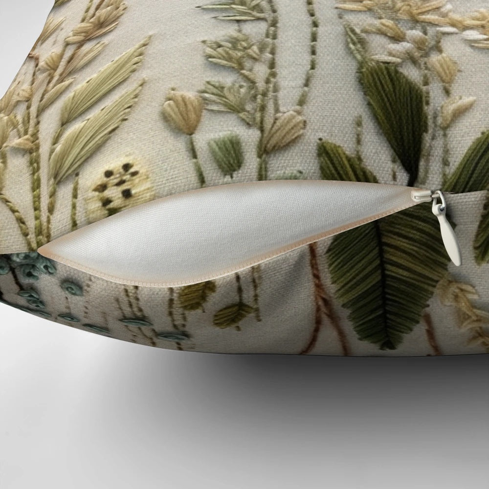 Boho-inspired faux embroidered pillow featuring muted color wildflowers in an autumn palette.