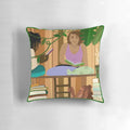 A brown, plush pillow with green plants and books, perfect for a cozy reading nook.