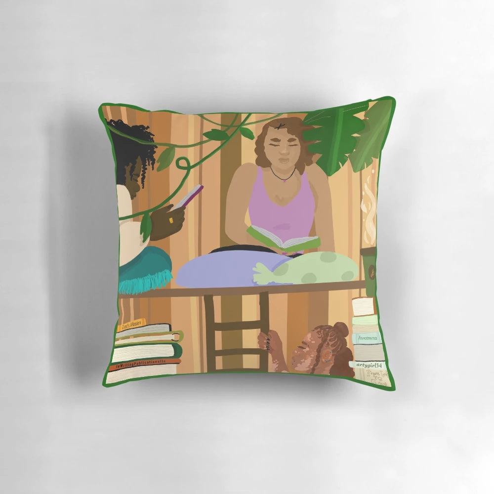 A brown, plush pillow with green plants and books, perfect for a cozy reading nook.
