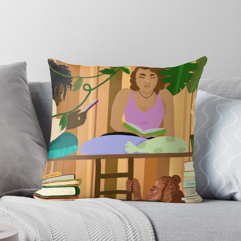 A brown, plush pillow with green plants and books, perfect for a cozy reading nook.