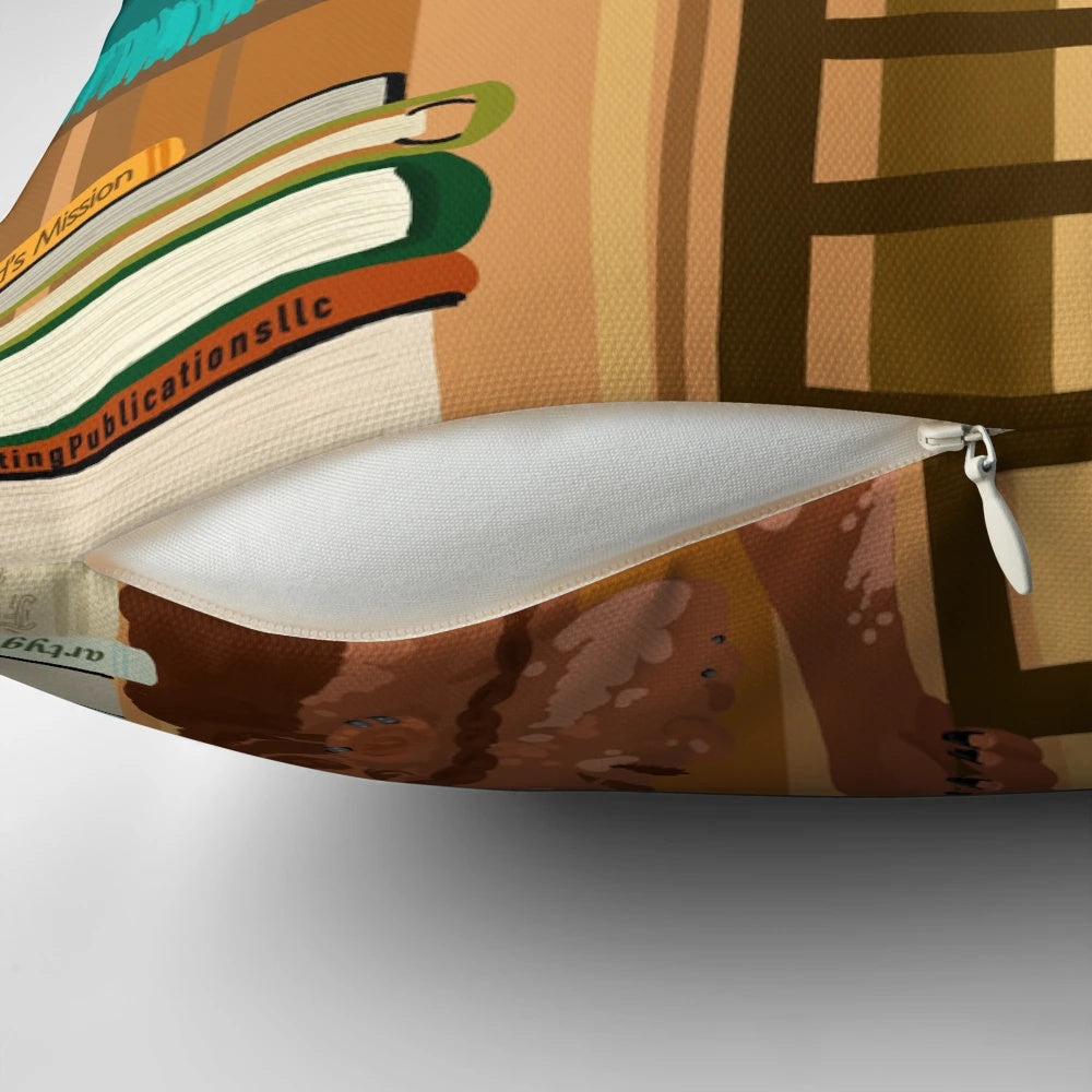 A brown, plush pillow with green plants and books, perfect for a cozy reading nook.
