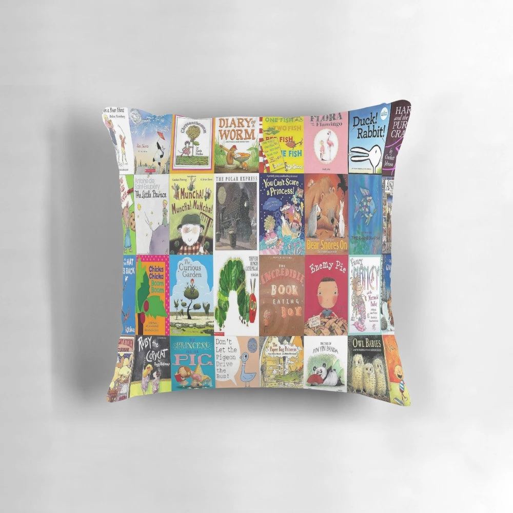 Decorative throw pillow featuring collage of colorful children's book covers