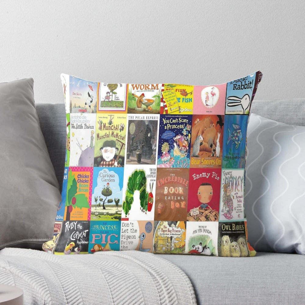 Decorative throw pillow featuring collage of colorful children's book covers