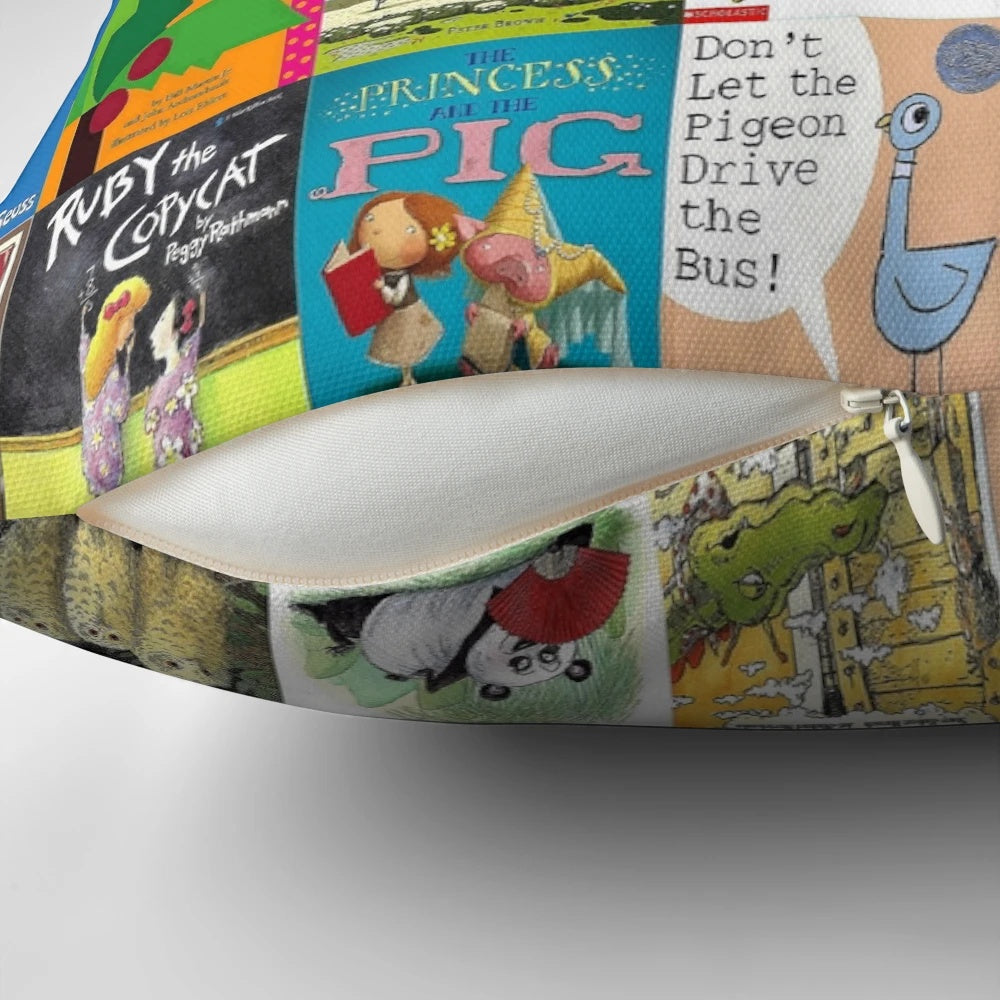 Decorative throw pillow featuring collage of colorful children's book covers