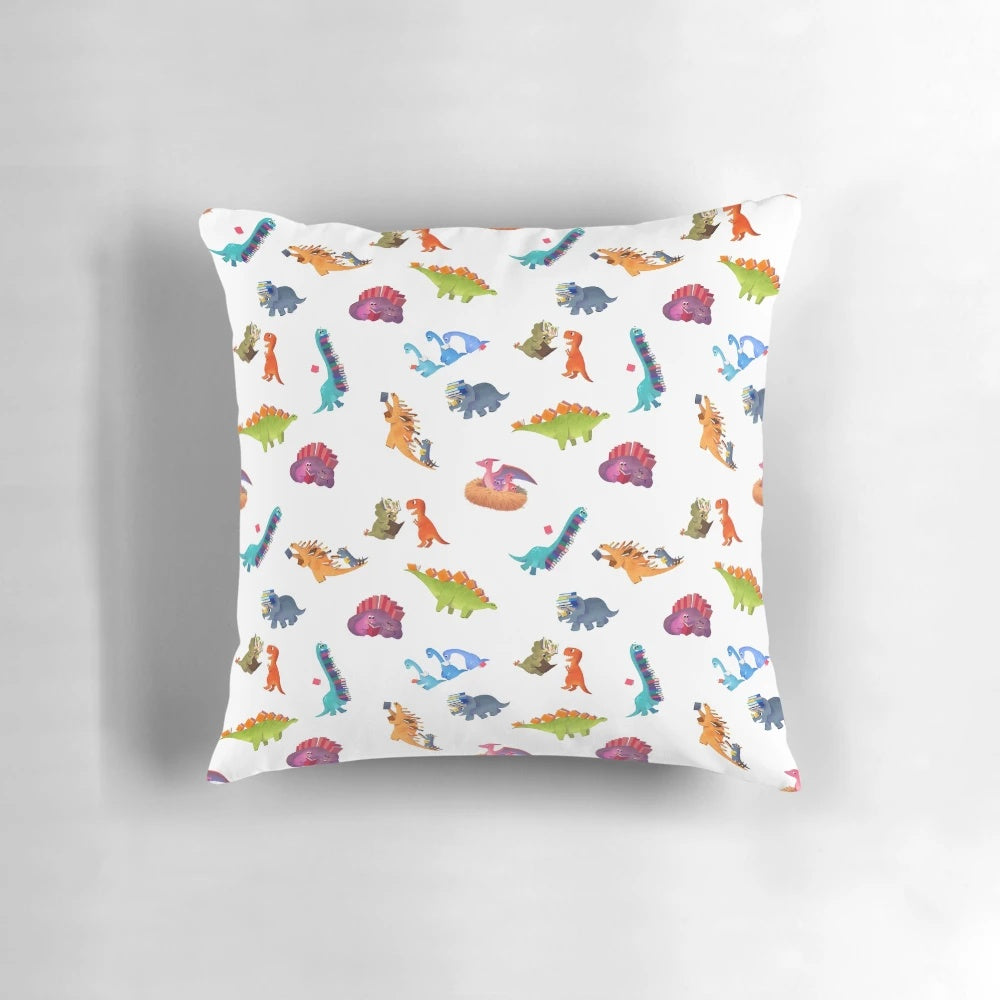 Soft, plush pillow featuring a vibrant dinosaur book design, perfect for kids' rooms and home decor.