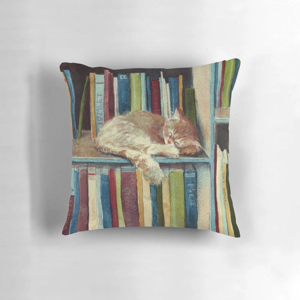 "A soft, fluffy pillow with a cute kitten illustration and books, perfect for book lovers and reading enthusiasts."