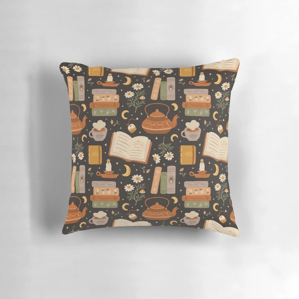 Soft, floral patterned pillow with a moon and stars design, perfect for book lovers and their cozy dreams.