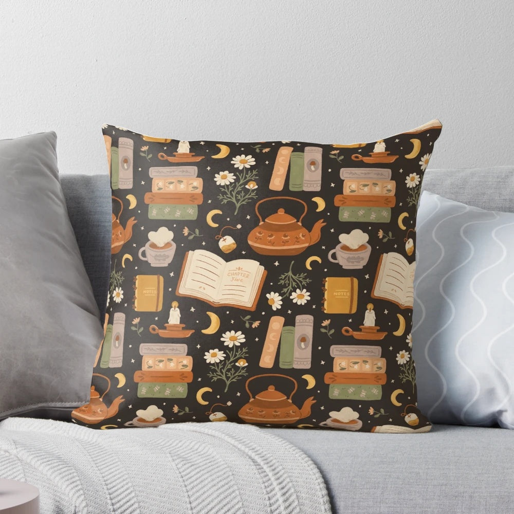 Soft, floral patterned pillow with a moon and stars design, perfect for book lovers and their cozy dreams.