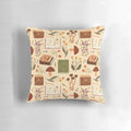 Decorative forest-themed throw pillow with illustrated mushrooms, flowers, and books