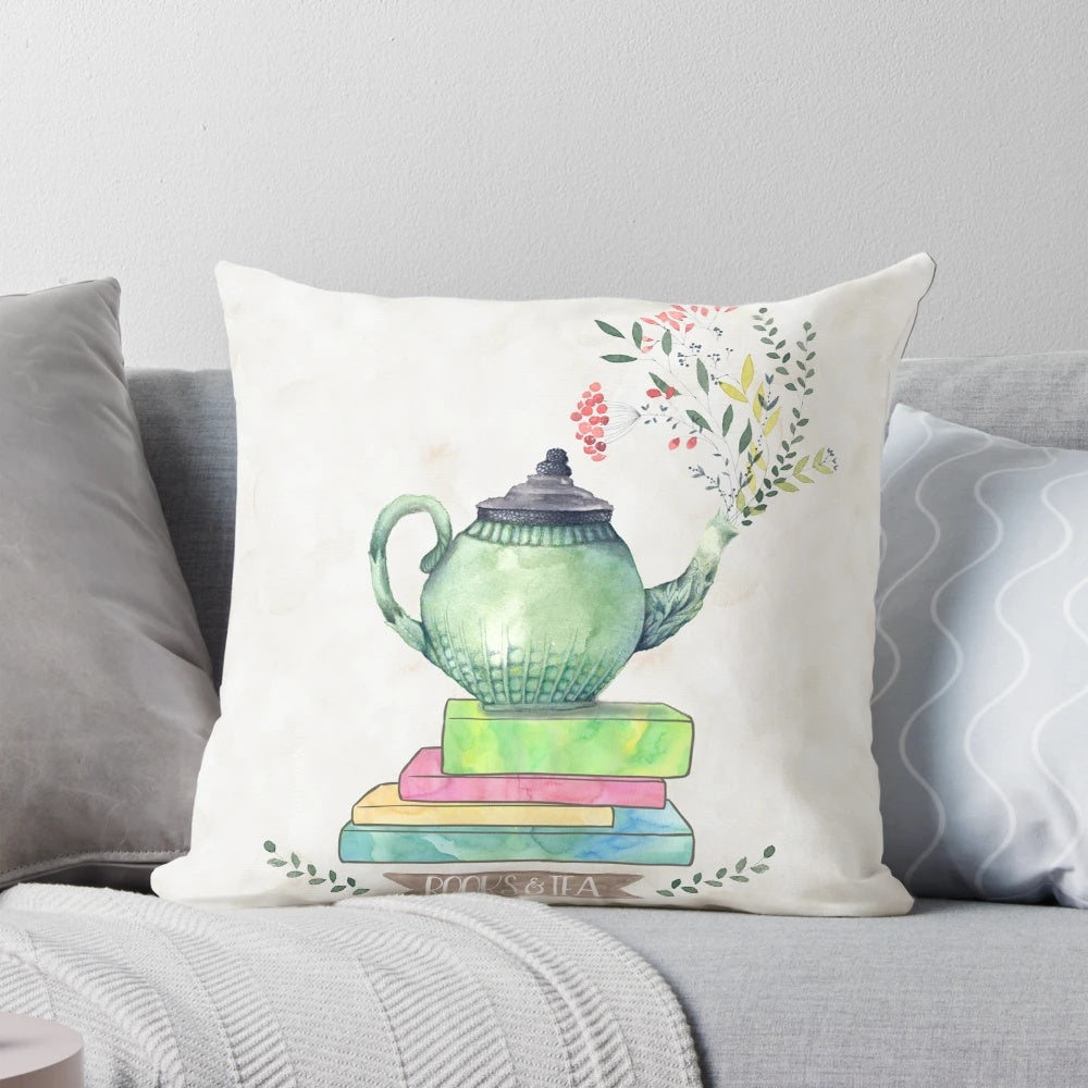 Watercolor painting of a stack of books and a teacup on a pastel pillow
